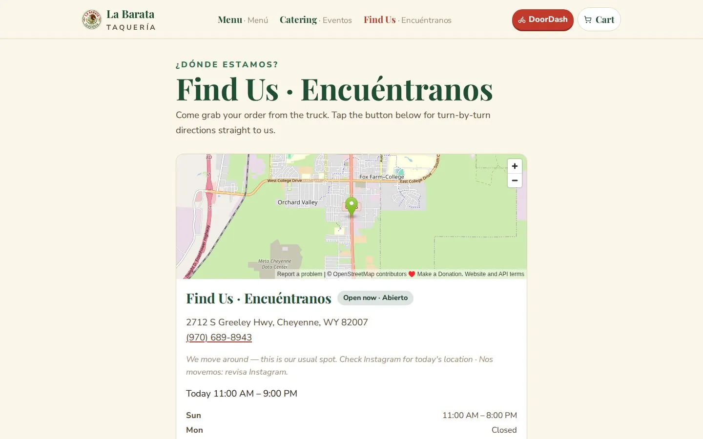 The Find-Us page with the truck's current location and directions