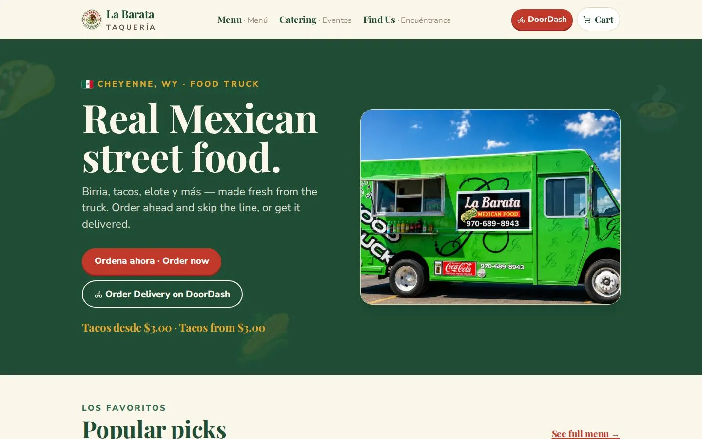 La Barata Taquería's live storefront: bilingual hero with the green food truck, order-now call to action, and DoorDash link